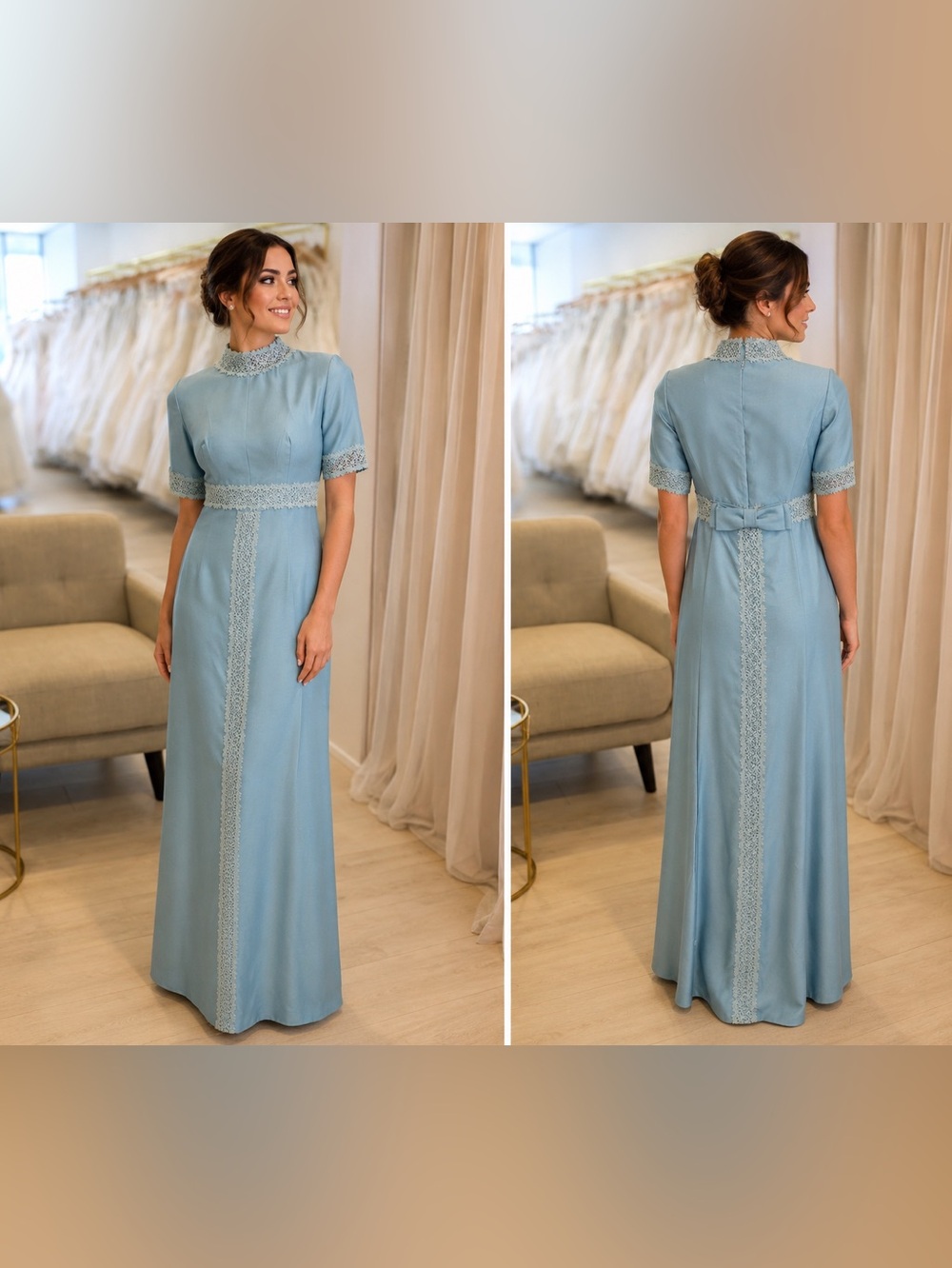 Vintage 1980 Elegant Light Blue Lace-Trim Maxi Dress